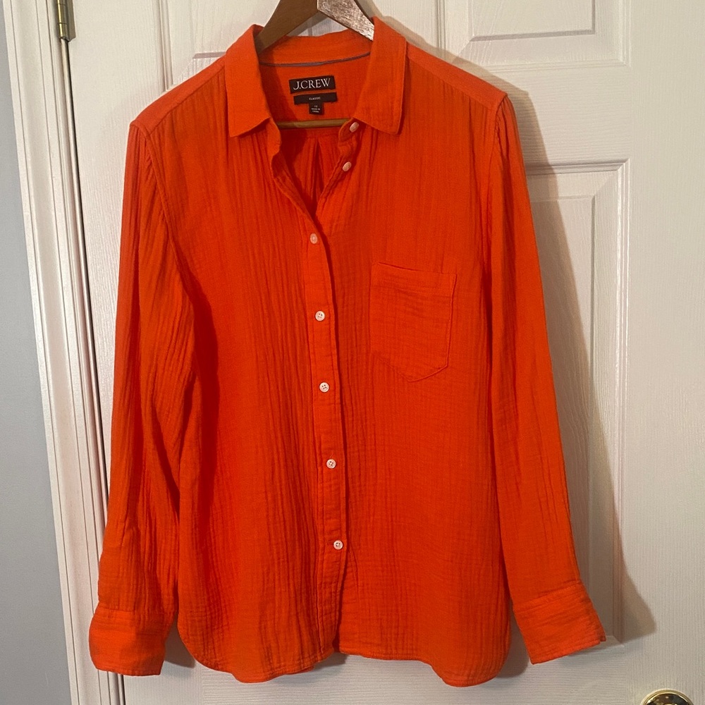 J. Crew Classic Orange 100% cotton  Button-Up Tunic Top size 12 Large